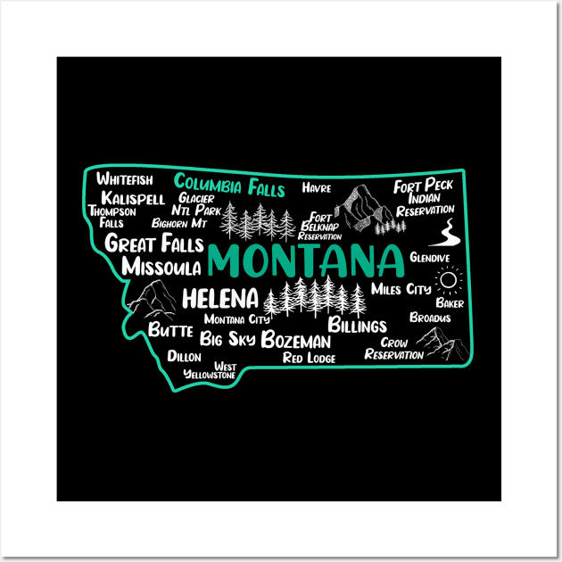 Cute map of Columbia Falls Montana, Helena, Missoula, Great Falls, Bozemian, Billings, Kalispell, Big Sky Wall Art by BoogieCreates